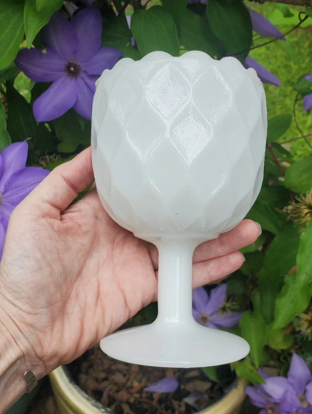 VINTAGE Textured Diamond White Milk Glass Pedestal MCM / Goblet / Bowl /Vase EUC